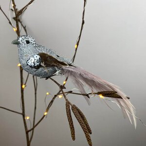 Clip Bird Silver with feathered tail 5cm Christmas Tree Decoration