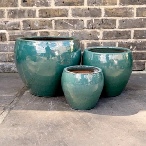 Glazed Terracotta Belly Pot Celadon Green - Handmade Outdoor Plant Pot