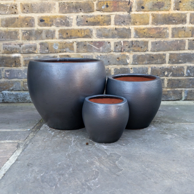 Glazed Terracotta Belly Matt Black Planter (D20cmx18cm) Handmade Outdoor Plant Pot - image 1