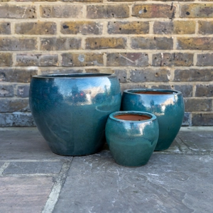 Glazed Terracotta Belly Pot Moss Green Planter - Handmade Outdoor Plant Pot