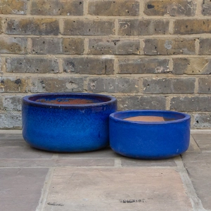 Glazed Terracotta Bowl Blue Planter - Handmade Outdoor Plant Pot