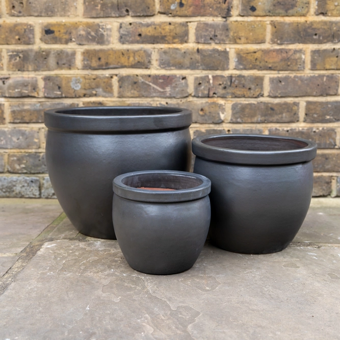 Glazed Terracotta Delta Rim Matt Black Planter (D21cmx16cm) Handmade Outdoor Plant Pot - image 1