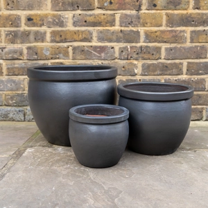 Glazed Terracotta Delta Rim Matt Black Planter - Handmade Outdoor Plant Pot