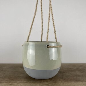 Resa Grey Ceramic & Hemp (D13.5cm x H16.5cm) Hanging Indoor Plant Pot - image 1
